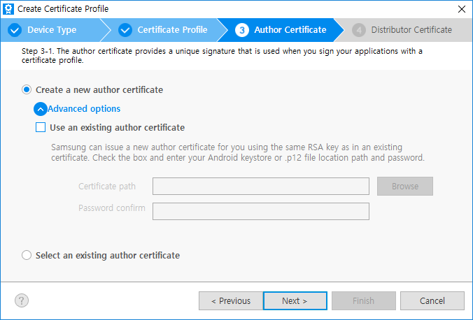Author Certificate Advanced options