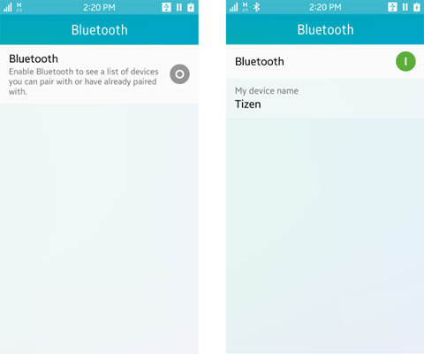 Bluetooth activation settings application (off screen on the left and on screen on the right)
