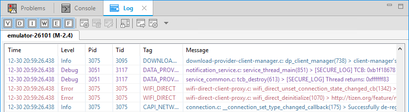Messages in the Log view