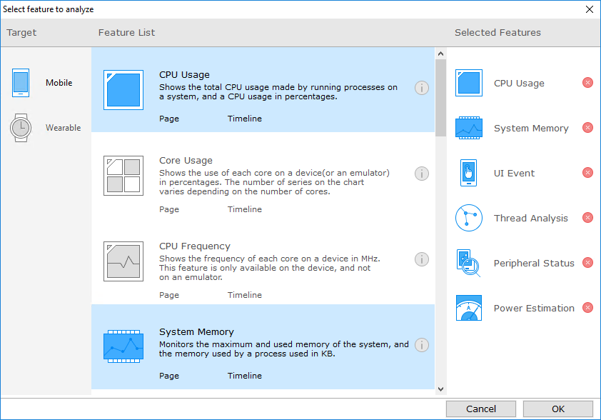 Feature selection dialog