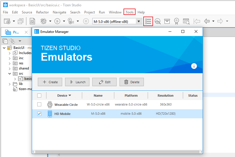 Launch the Emulator Manager
