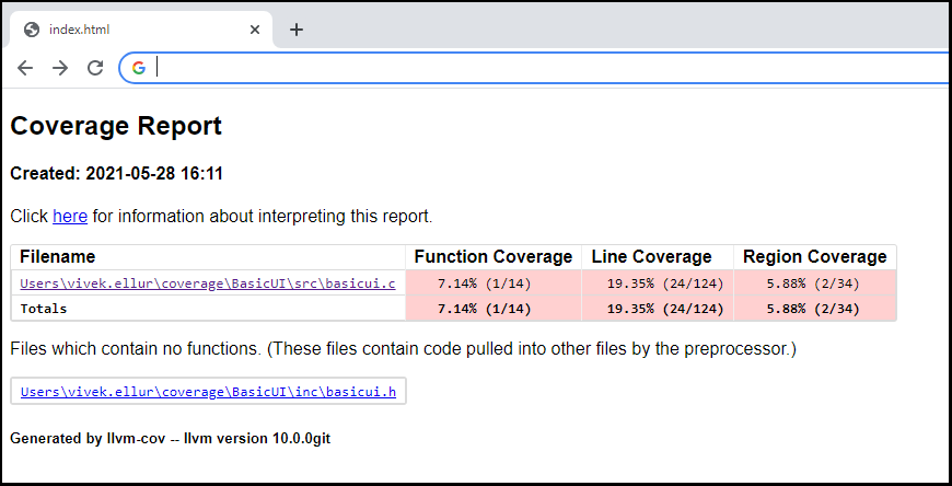 Code Coverage HTML Browser file level