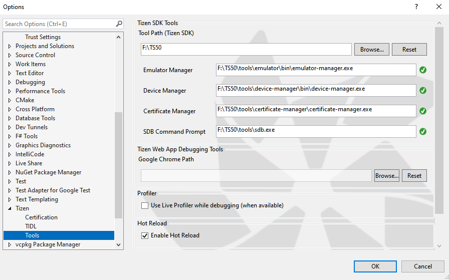 Tizen options page to enable .NET Hot Reload